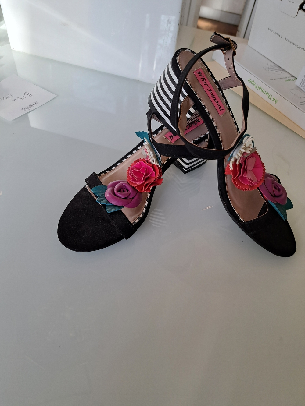 Betsey Johnson Black Floral Accent Striped Block Heel Sandals